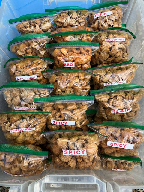 Cracklings Flavors Plain, Spicy, Chili Lime, Spicy Chili Lime, Seafood Spice, BBQ, Spicy BBQ, Ranch,& Salt and Vinegar
